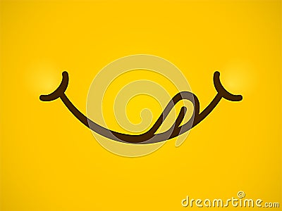 Yummy smile cartoon emoticon lick mouth lips with tongue. Vector delicious tasty eating emoji face yellow background Vector Illustration