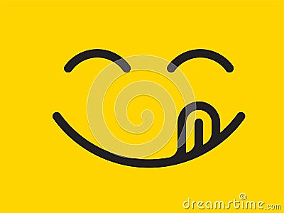 Yummy smile vector cartoon line emoticon tongue lick mouth. Delicious tasty food eating emoji face on yellow design backgroun Vector Illustration