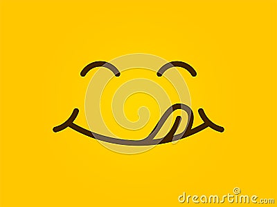 Yummy smile yellow background, cartoon line emoticon lick lips, delicious tasty eating emoji face Vector Illustration