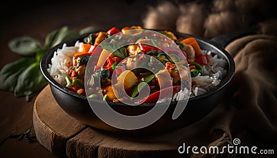 Yummy Spicy Shrimps In Plate With Rice On Wooden Table - Generative AI Stock Photo