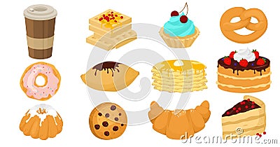Yummy sweet dessert set, flat vector illustration. Pastry shop, confectionery and bakery Vector Illustration