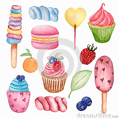 Yummy sweet food seamless pattern. Watercolor illustration Lollipops, cupcake, macaroon,berry, marshmallows, ice cream and orange Cartoon Illustration