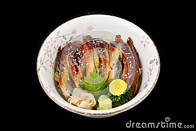 Yummy Unagi don or grilled eel on rice in ceramic bowl Japanese tradition cuisine food Stock Photo