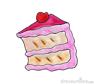 Yummy Watercolor Cherry Cake Cartoon Illustration