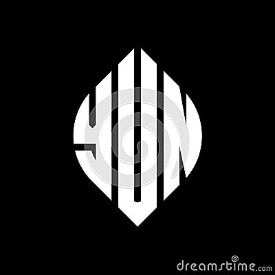 YUN circle letter logo design with circle and ellipse shape. YUN ellipse letters with typographic style. The three initials form a Vector Illustration