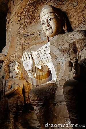 Yungang Grottoes, Buddhism. Cave 3 Giant Buddha. Datong, Shanxi. China. December 6th, 2015 Stock Photo