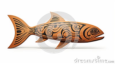 Yupik Art Inspired Wooden Fish With Ornamental Design Stock Photo