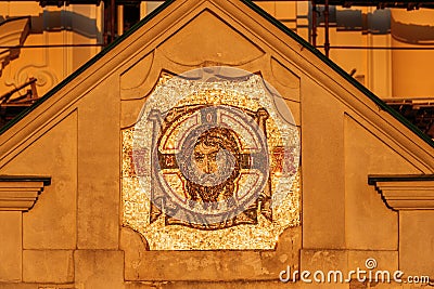 Yurovichi, Gomel Region, Belarus. Icon-mosaic Of Jesus Christ God On Wall Of Church And Jesuit College Stock Photo