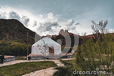 Yurt camp in Grand Charyn Canyon National Park in Kazakhstan. Stock Photo