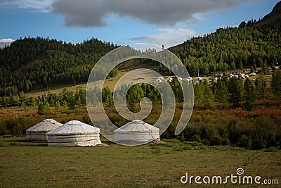 Yurt camp surrounded by trees on the ridge of the mountain. Small ger huts on the crest of the hill on a sunny day Stock Photo