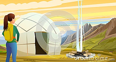 Yurt nomads. girl with backpack looks ahead. Traditional mobile home. Cartoon style. Vector Vector Illustration