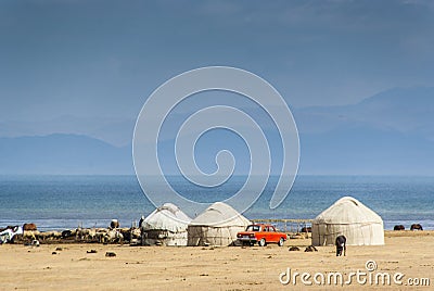 Yurts on the border of lake Song Kol, Kyrgyzstan Editorial Stock Photo