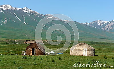 Yurts in Kyrgyzstan landscape Stock Photo