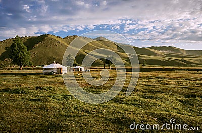 Yurts in the Mongolian Steppe Stock Photo