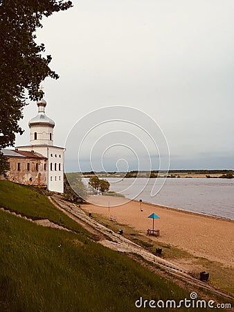 Yuryevsky monastery, male, active, Veliky Novgorod, lake Ilmen, walk, artifacts, antiquity, monument, spring Stock Photo