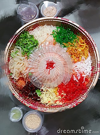 Yusheng - nice display of raw fish salads with 8 different Colours combinations Stock Photo