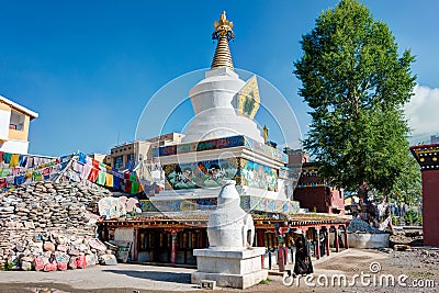 Tibetan pilgrims circle the Pagoda. Devotees walk 3 times around the Pagoda and Mani stone to accumulate karma (religious Editorial Stock Photo