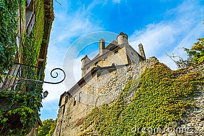 Yvoire medieval town and its defensive castle tower, France Stock Photo