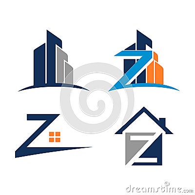 Z Letter House Building Real Estate Symbol Set Isolated Vector Illustration