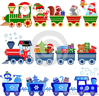 Colorful animated cartoon of Santa polar express with animals, snowman and presents Vector Illustration