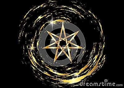 Seven point star or septagram, known as heptagram. Gold Elven or Fairy Star, magical or wiccan witchcraft heptagram symbol. Golden Vector Illustration