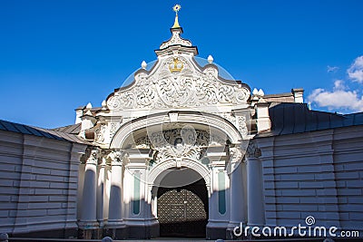 Zaborovsky Gate. One of entrances to territory of Orthodox monastery of Saint Sophia Cathedral in Kyiv, directly of Patriarch hom Editorial Stock Photo