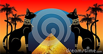 Egyptian cats and Antique Pyramid. Bastet, ancient Egypt goddess and palms, statue profile with Pharaonic gold jewelry. Egypt icon Vector Illustration