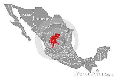 Zacatecas red highlighted in map of Mexico Cartoon Illustration