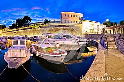 Zadar city walls and Fosa harbor evening panorama Stock Photo