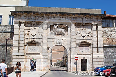 Zadar, Croatia; 07/17/2019: Facade of Gate of Terraferma or Gate of Zara, the most famous venetian fortification in Zadar Editorial Stock Photo