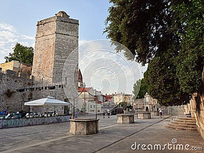 Zadar, Croatia - July 27, 2021: The Five Wells Square and the Captain`s Tower Editorial Stock Photo