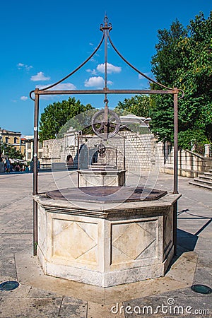 Zadar, Croatia - July 24 2018: Five Wells Square in the old town of Zadar. They were once build to provide people of the city with Editorial Stock Photo