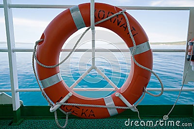 Zadar, Croatia - July 20, 2016: lifebuoy on the ferry Kornati -Jadrolinija ferryboat. Editorial Stock Photo