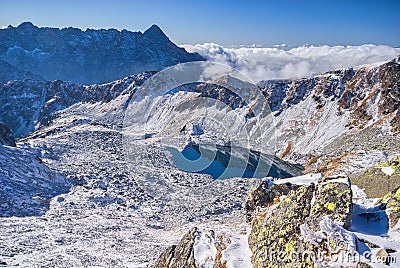 Zadni Staw Polski from Zawrat saddle in Polish High Tatras during winter Stock Photo