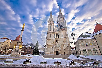 Zagreb cathedral and Kaptol square snow view Stock Photo