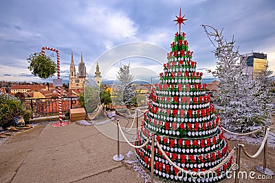 Zagreb Christmas tree and landmarks view on advent marker of upper town Stock Photo