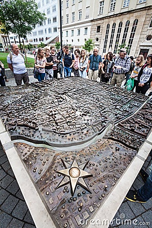 Zagreb, Croatia. 3d floor plan, compass rose and tourists in the historical center. Editorial Stock Photo