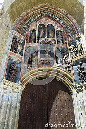 Original Gothic sculptures at the southern portal of St. Mark`s Church, consist of 15 effigies placed in eleven shallow niches, Editorial Stock Photo