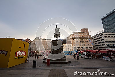 Statue of ban Jelacic seen from behind on Trg Bana Jelacica at dusk. Ban Jelacic square is the main square of downtown Zagreb Editorial Stock Photo