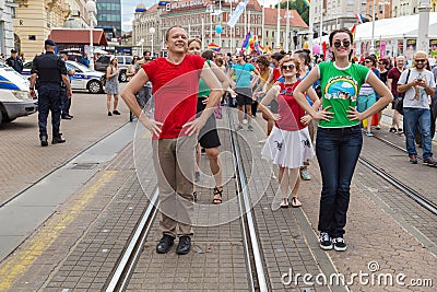 15th Zagreb pride. LGBTIQ activists dancing at the main square. Editorial Stock Photo