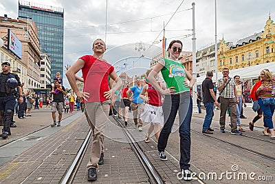 15th Zagreb pride. LGBTIQ activists dancing at the main square. Editorial Stock Photo