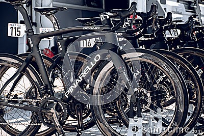 Professional road bicycles ready for riders before a race Editorial Stock Photo