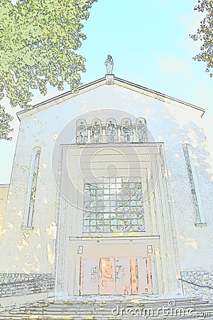 Pastel illustration of the Church of Mary Help of Christians. Cartoon Illustration