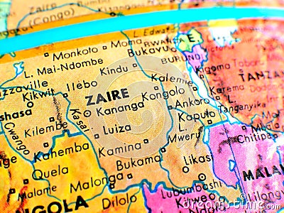 Zaire Africa focus macro shot on globe map for travel blogs, social media, website banners and backgrounds. Stock Photo