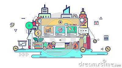 Zaken van de animatie de vlakke lijn en het grafische ontwerp van de werkschematechnologie op de creatieve bedrijfs financiële te stock illustratie Zaken van de animatie de vlakke lijn en het grafische ontwerp van de werkschematechnologie op de creatieve bedrijfs financiële te stock illustratie