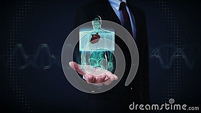 Zakenman open palm, Zoemend voorlichaam en aftastend hart Menselijk cardiovasculair systeem, Blauw Röntgenstraallicht stock illustratie Zakenman open palm, Zoemend voorlichaam en aftastend hart Menselijk cardiovasculair systeem, Blauw Röntgenstraallicht stock illustratie