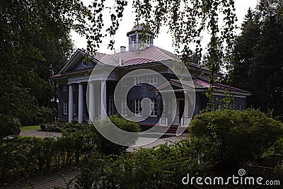 Side view of the restored building of the manor Pushkin`s grandmother Mariya Gannibal in Zakharovo of Moscow region, Russia. Editorial Stock Photo