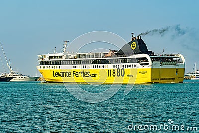 Zakynthos, Greece Fior di Levante, Levante Ferries car passenger boat with distinctive colors and logo sailing on a calm sea in Editorial Stock Photo