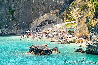 Zakynthos, Greece 28 July 2023. People enjoying summer vacations at Makris Gialos beach in Greece. Editorial Stock Photo