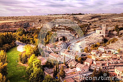 View of the Vera Cruz church from Segovia with Zamarramala village on the distance. Spain Stock Photo